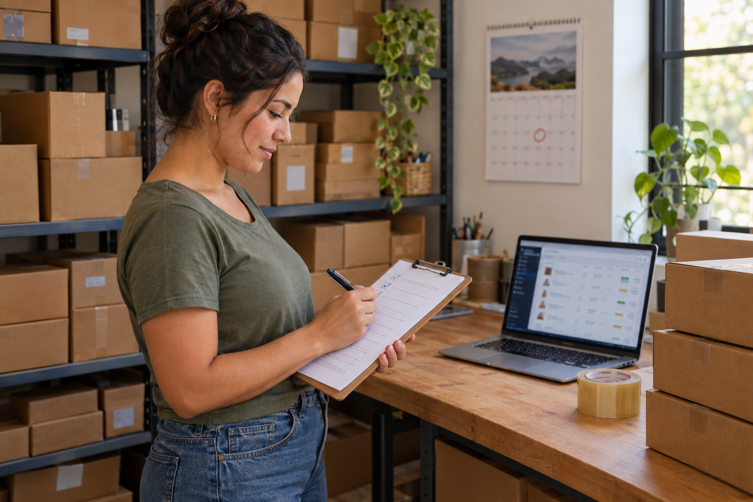 Lojista no estoque da loja virtual marcando itens de uma lista de verificação na prancheta, com caixas de envio nas prateleiras, um notebook aberto no painel de pedidos e um calendário com uma data circulada em vermelho.