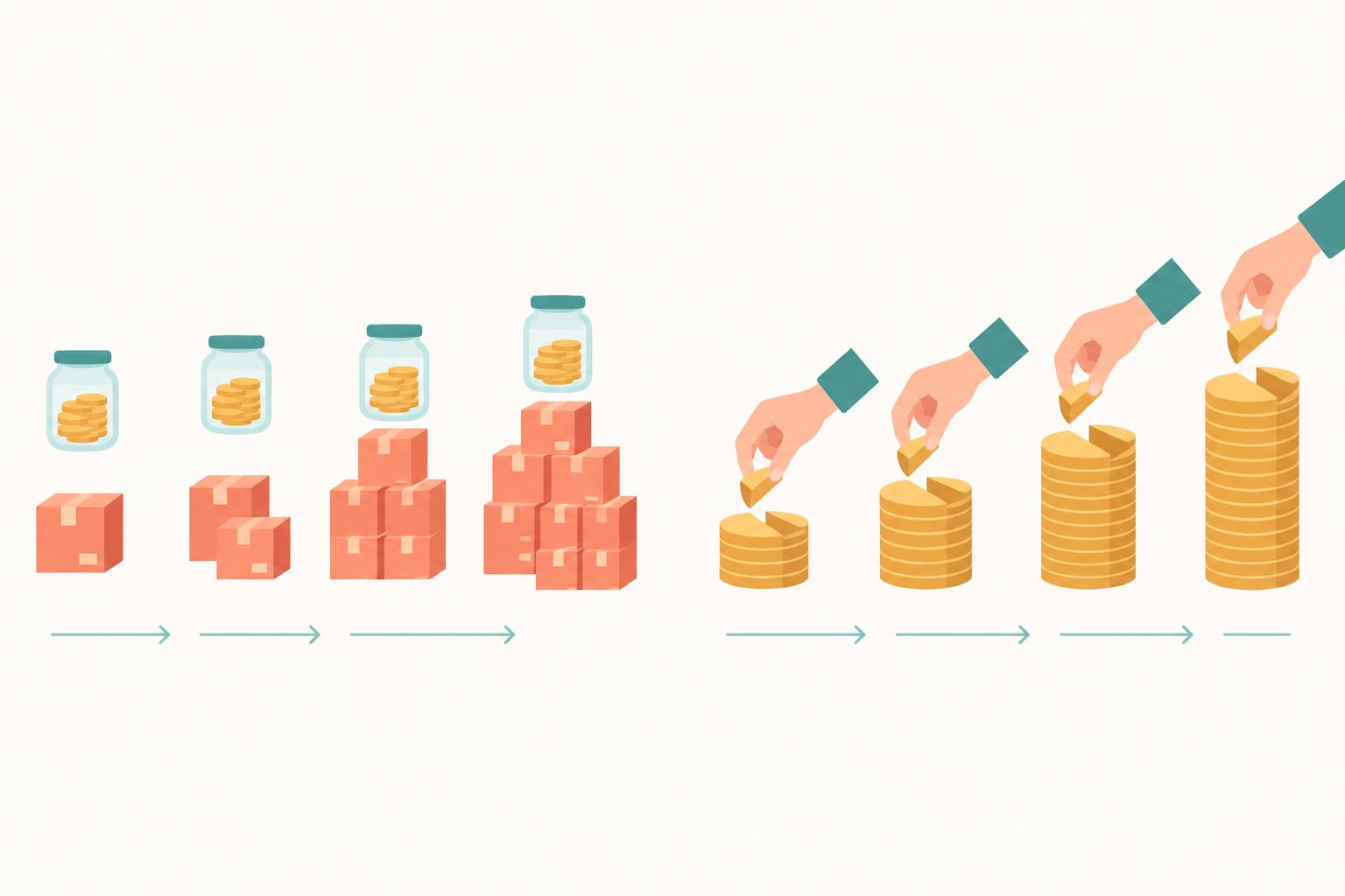 Ilustração comparando dois modelos de custo: à esquerda, os pedidos se multiplicam enquanto o pote de moedas do custo continua do mesmo tamanho; à direita, uma mão tira uma fatia de cada pilha de moedas, e a fatia cresce junto com a pilha.