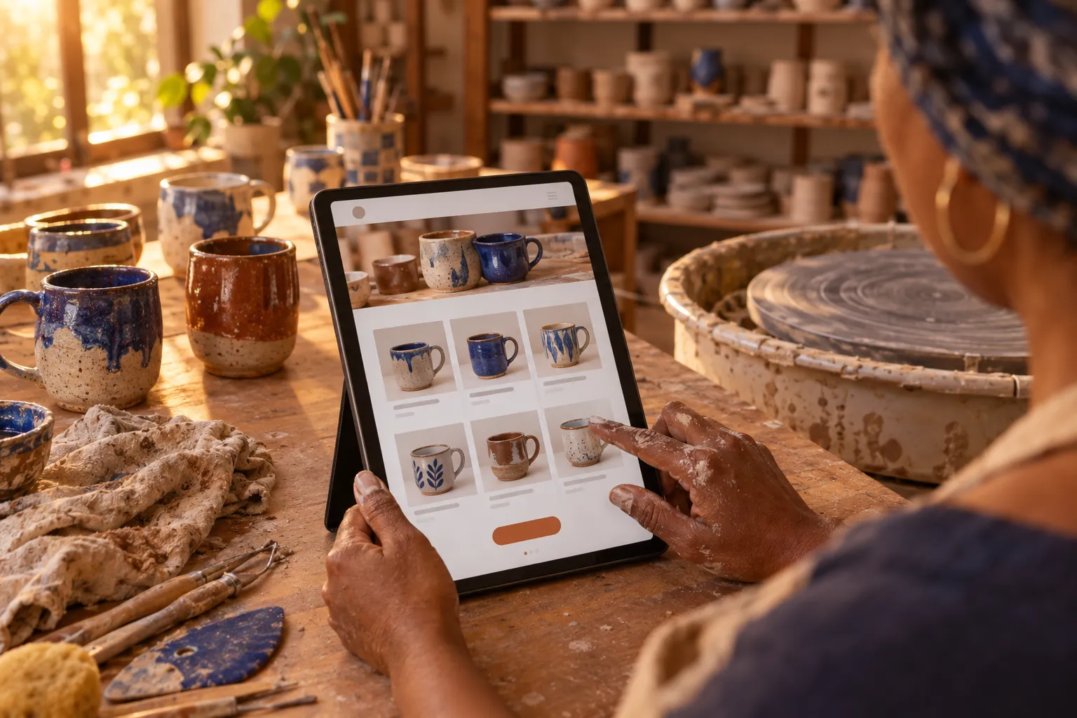 Mãos de uma ceramista, ainda sujas de argila, conferem num tablet a vitrine da loja virtual com fotos de canecas, numa bancada de ateliê com canecas esmaltadas em azul e terracota, ferramentas de modelar e o torno de oleiro ao lado, sob luz de fim de tarde.