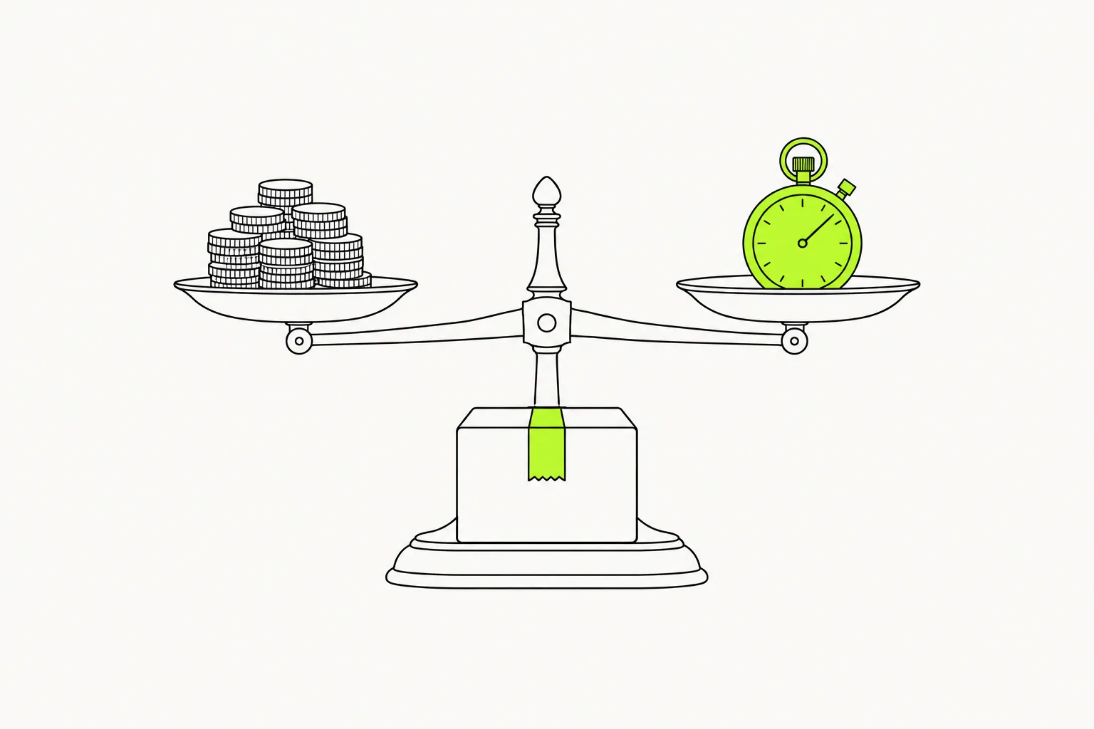 Ilustração em linha de uma balança antiga em equilíbrio, com uma pilha de moedas num prato e um cronômetro verde no outro, e uma caixa de papelão na base, representando a troca entre preço e prazo do frete