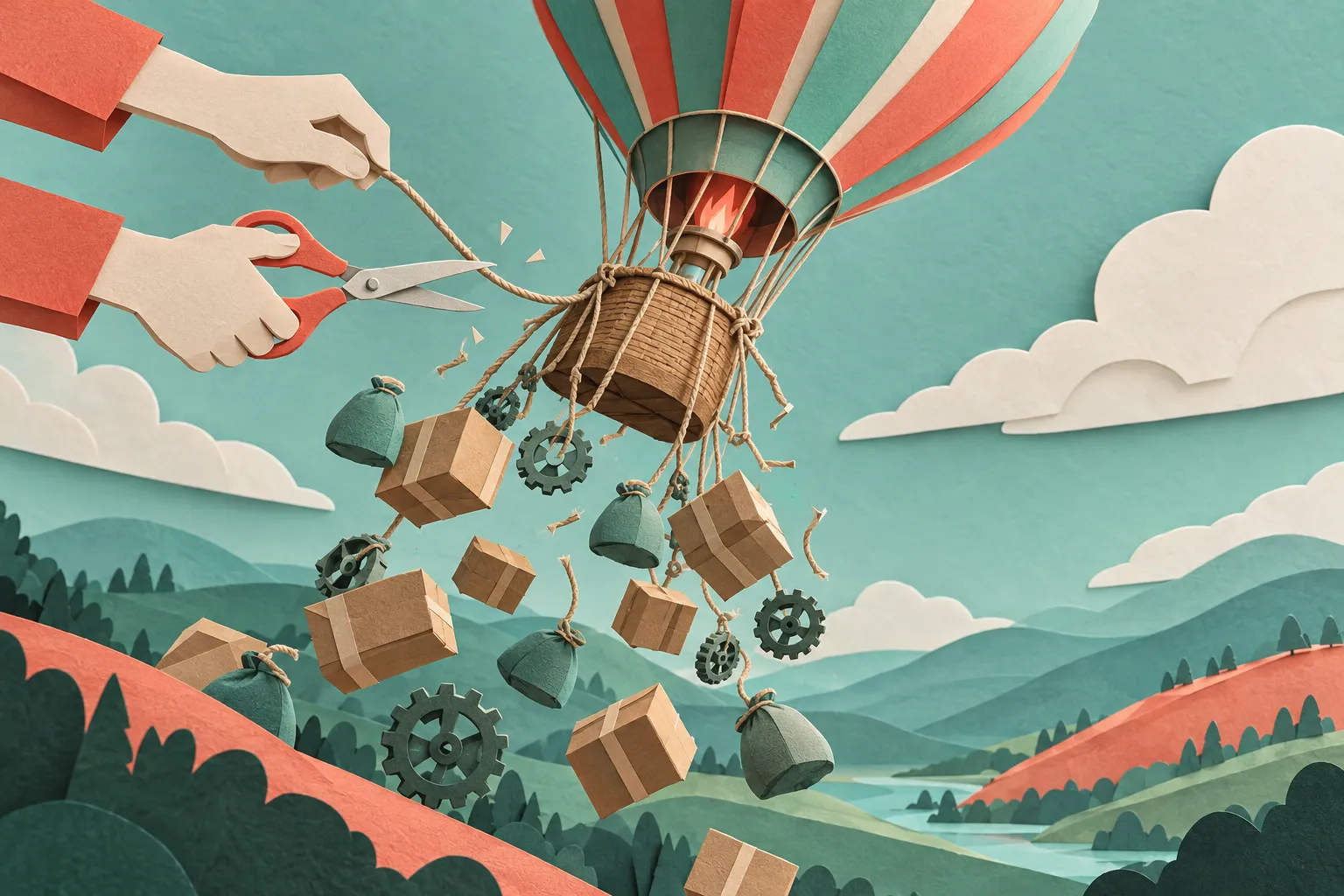 Ilustração em papel recortado de um balão de ar quente preso por caixas, sacos e engrenagens, enquanto duas mãos cortam as cordas com uma tesoura e o balão começa a subir