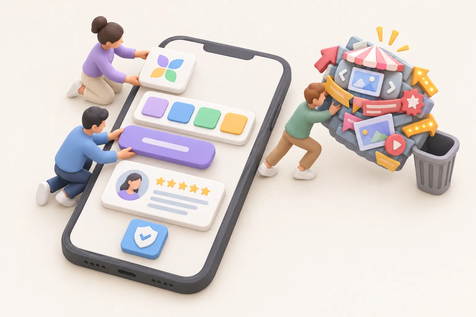 Ilustração 3D de pessoas montando um checkout no celular com blocos de logo, paleta de cores, botão, depoimento com estrelas e selo de segurança, enquanto outra pessoa empurra um bloco cheio de banners, setas e carrossel para a lixeira