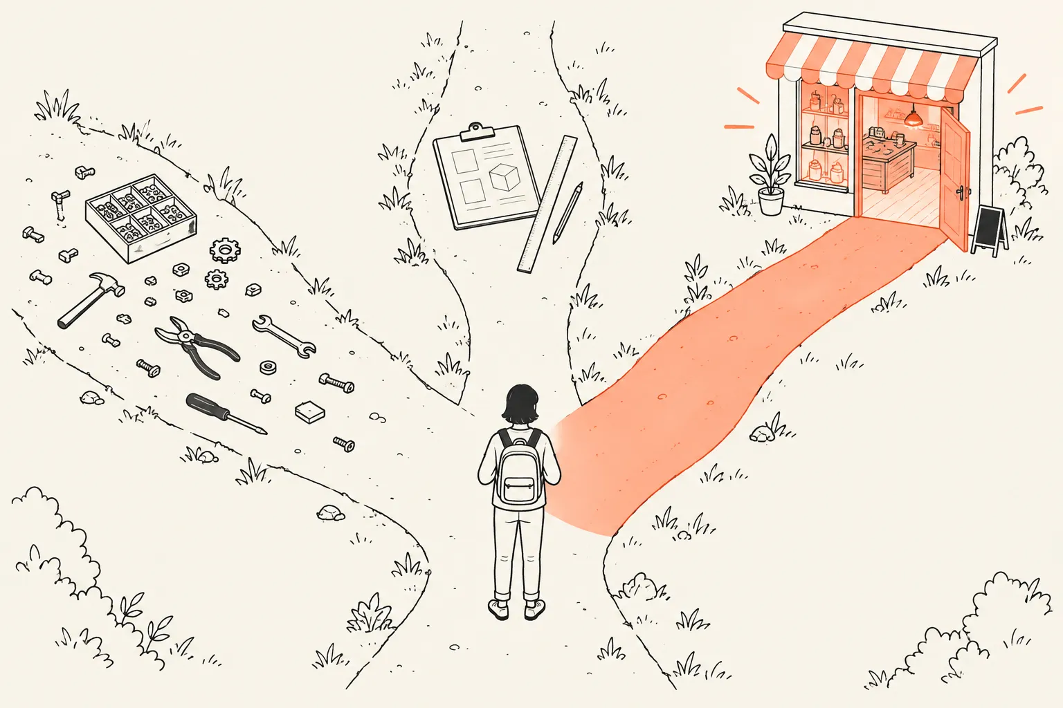 Ilustração em linha de uma pessoa de mochila diante de três caminhos: um com ferramentas e peças espalhadas, outro com uma prancheta e uma régua de projeto e o terceiro, destacado em coral, levando a uma pequena loja iluminada com a porta aberta.
