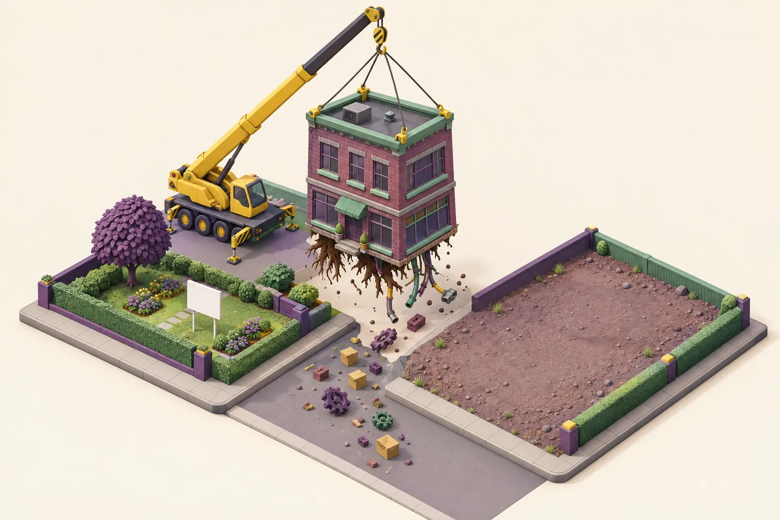 Ilustração 3D isométrica de um prédio comercial de tijolos içado por um guindaste amarelo do seu terreno ajardinado para um terreno vazio ao lado, com raízes, canos e cabos cortados pendendo da base e caixas e engrenagens caindo pelo caminho.