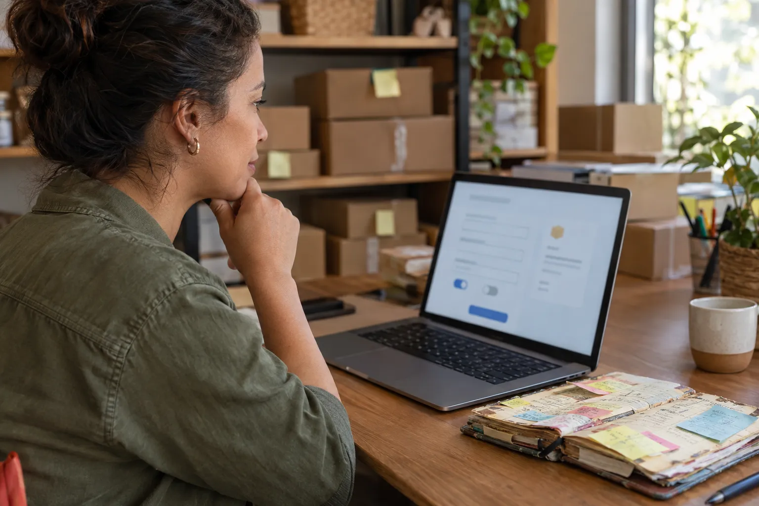 Lojista sentada à mesa do escritório da loja virtual, com caixas de envio nas prateleiras, olhando pensativa para um formulário de checkout limpo no notebook, ao lado de um caderno antigo cheio de anotações e post-its.