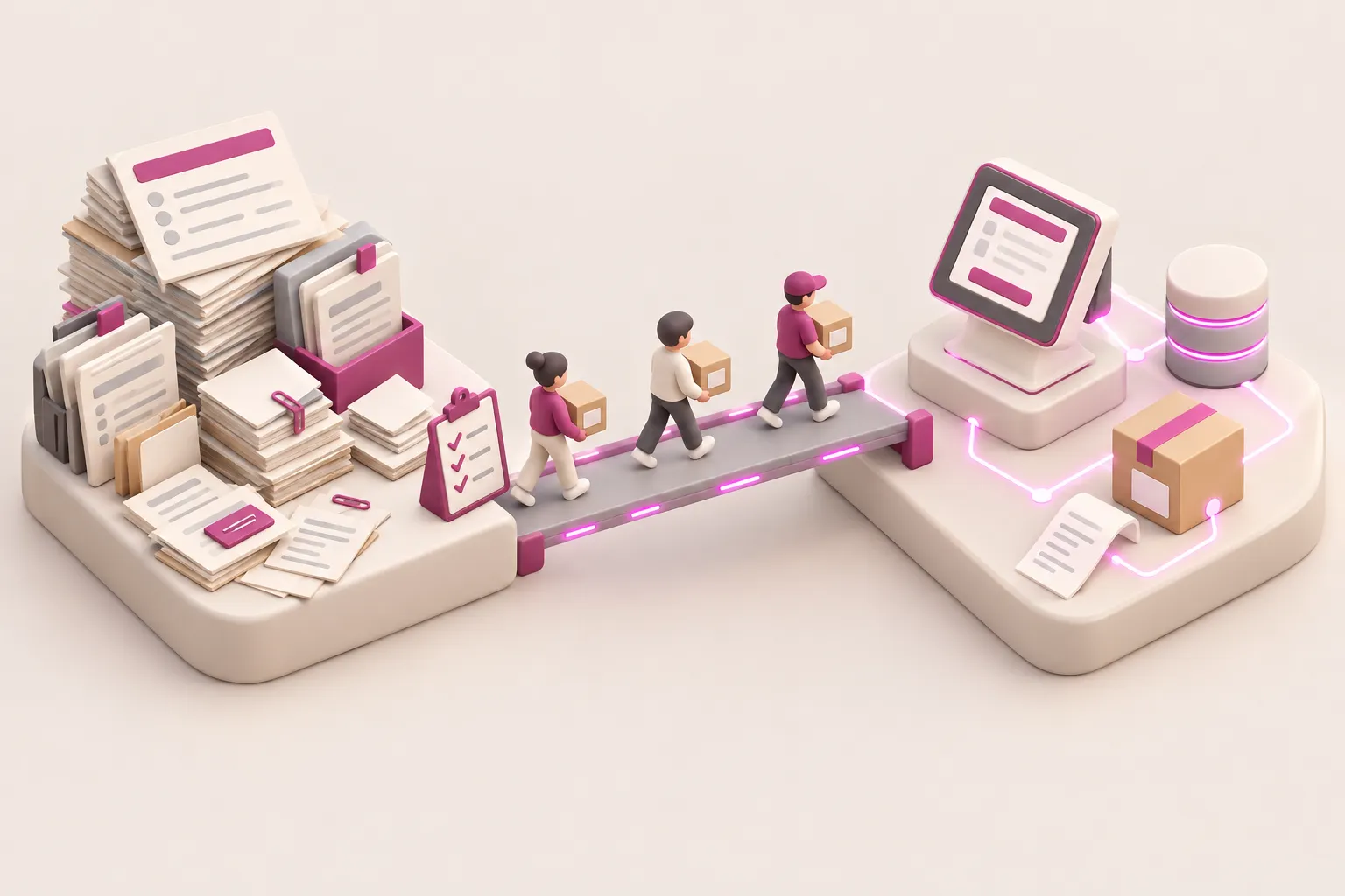 Ilustração 3D isométrica de pessoas levando caixas por uma ponte, de uma pilha de formulários antigos até um checkout moderno ligado a um banco de dados, uma caixa de envio e uma nota.