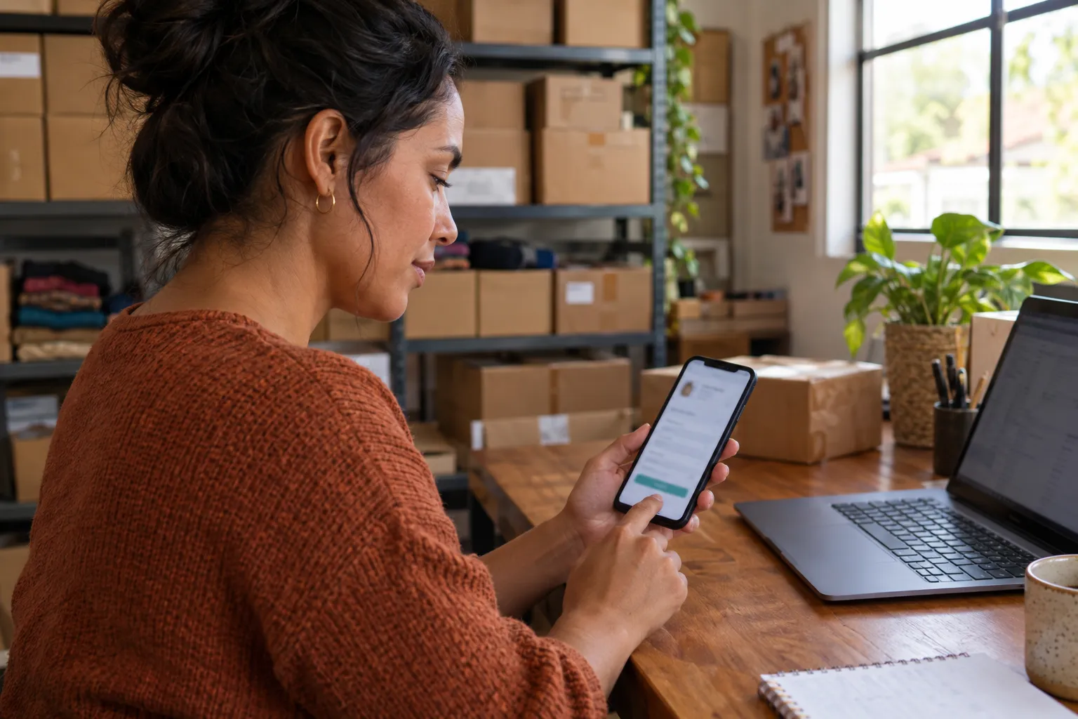 Lojista sentada à mesa de trabalho num pequeno estoque com caixas de envio nas prateleiras, conferindo o formulário de checkout da loja no celular, com um notebook aberto ao lado.