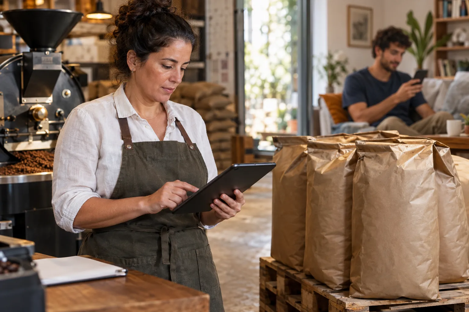 Compradora de um pequeno restaurante fazendo um pedido grande de café pelo tablet numa torrefação, ao lado de sacos num palete, enquanto ao fundo um rapaz compra um pacote pelo celular.