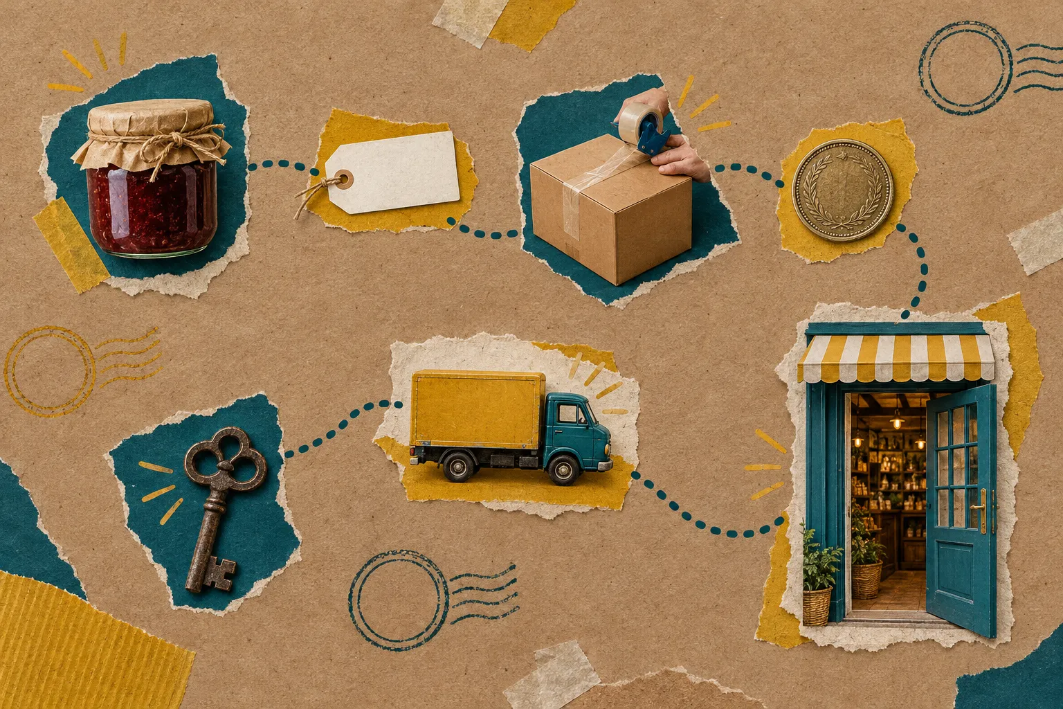 Colagem em papel kraft com uma trilha pontilhada que liga um pote de geleia artesanal, uma etiqueta de preço, uma caixa sendo fechada com fita, uma moeda, um caminhão de entrega e uma chave antiga até a porta aberta de uma loja.