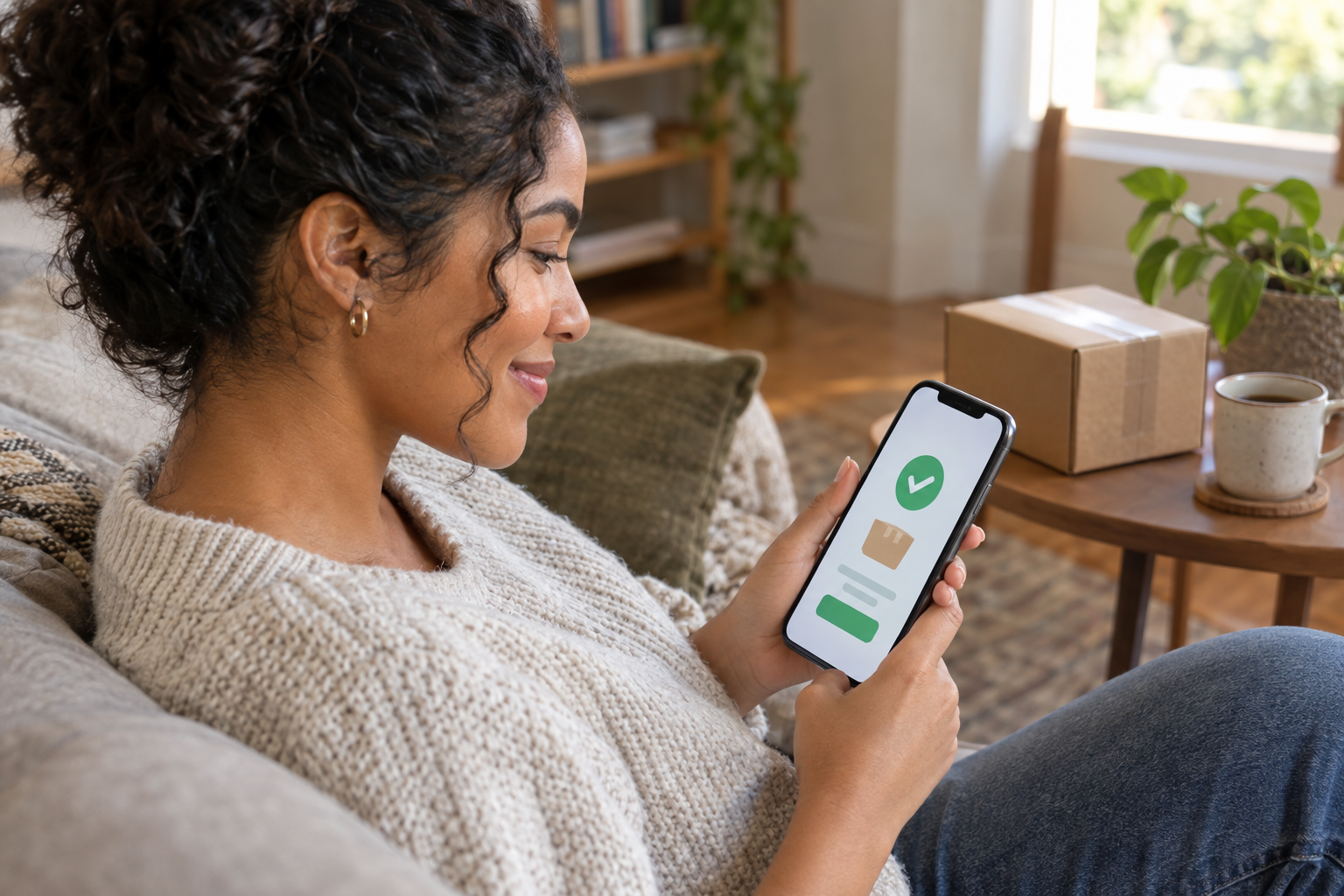 Cliente sentada no sofá de casa sorrindo para o celular, que mostra uma tela de confirmação de pedido com um grande sinal de check verde; ao lado, uma caixa de envio e uma xícara de café.