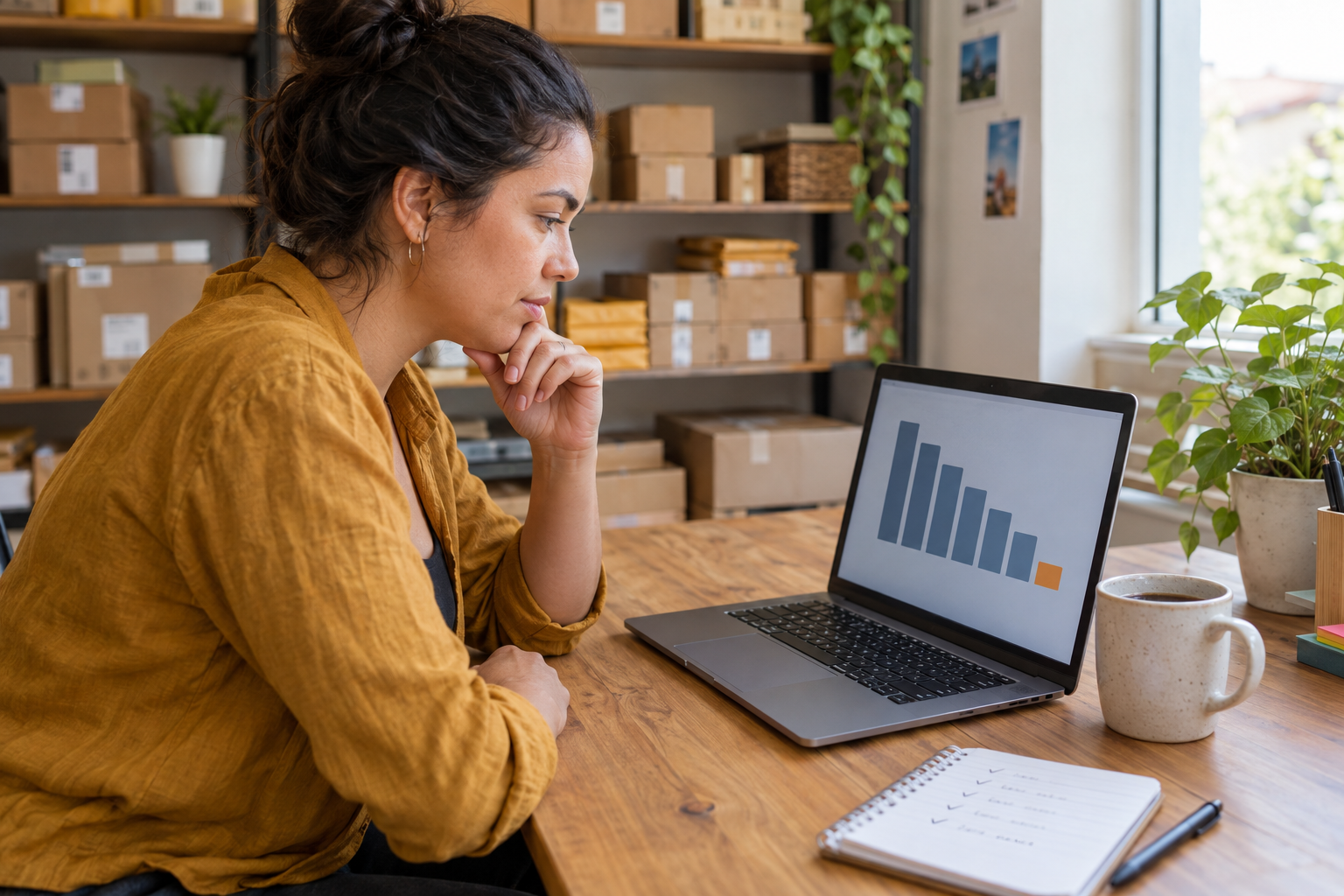Lojista sentada à mesa do escritório da loja virtual, com caixas de envio nas prateleiras, analisando no notebook um gráfico de barras decrescentes em que a última etapa aparece destacada em laranja.