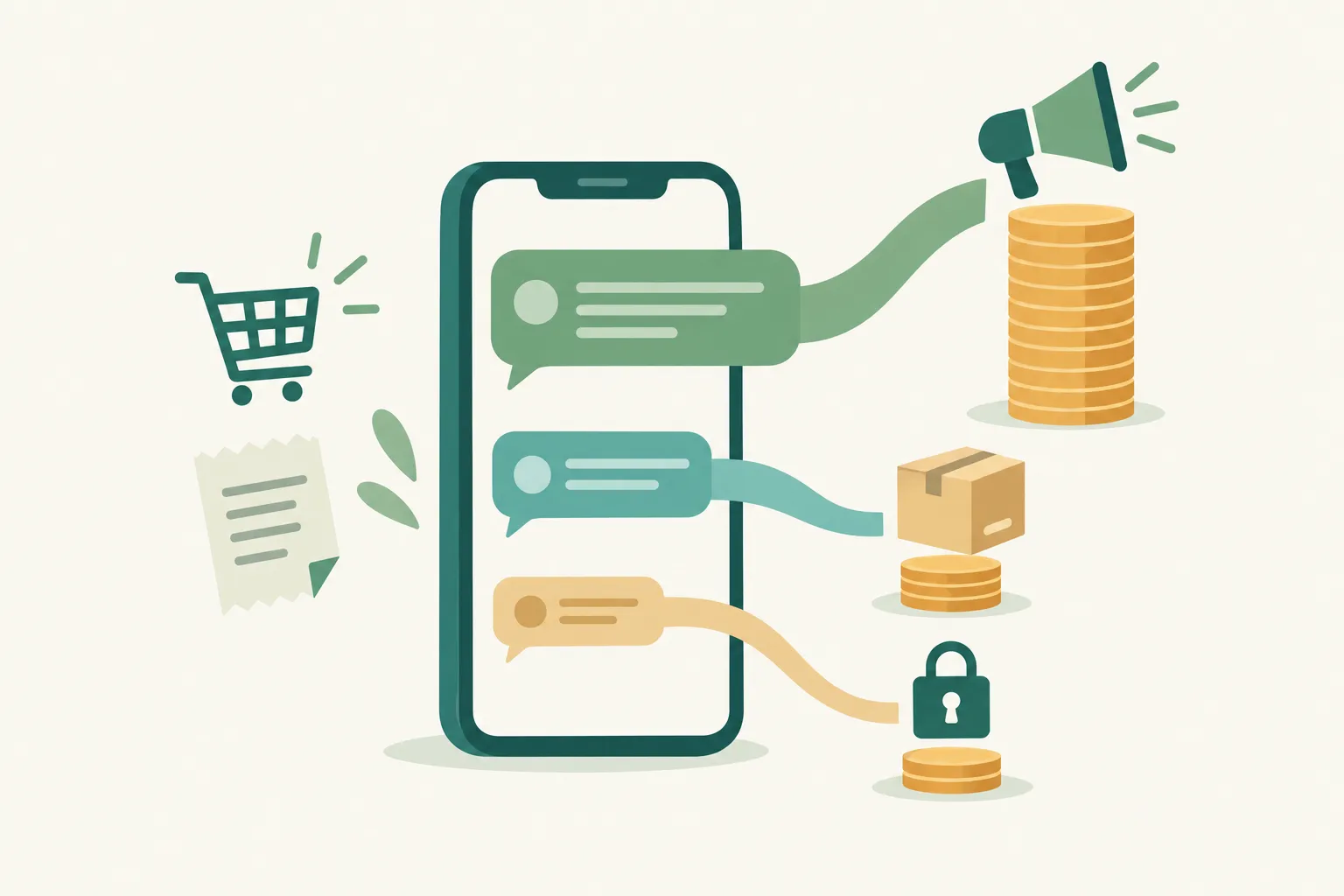 Ilustração de um celular com três balões de mensagem ligados a pilhas de moedas de alturas diferentes: uma pilha alta ao lado de um megafone e duas pilhas baixas ao lado de uma caixa de entrega e de um cadeado