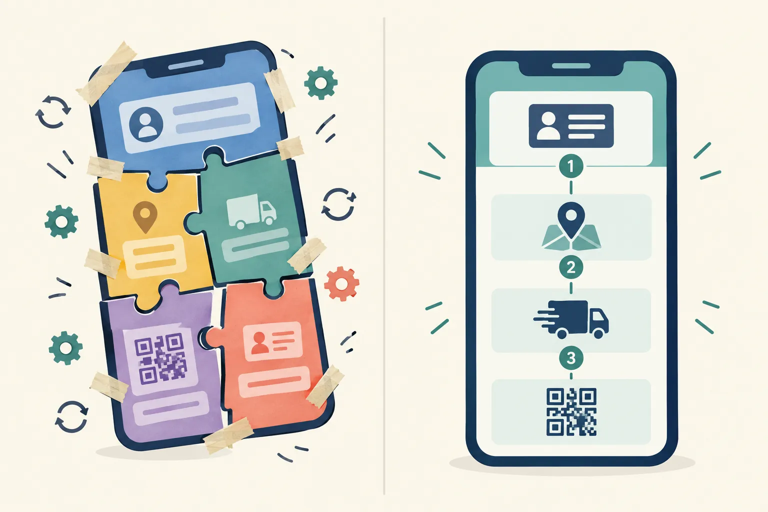 Ilustração flat em duas metades: à esquerda, um celular com o formulário de checkout montado com peças de quebra-cabeça de cores diferentes presas com fita adesiva e engrenagens ao redor; à direita, o mesmo checkout como uma peça única, em três etapas numeradas com ícones de documento, mapa, caminhão e QR Code.