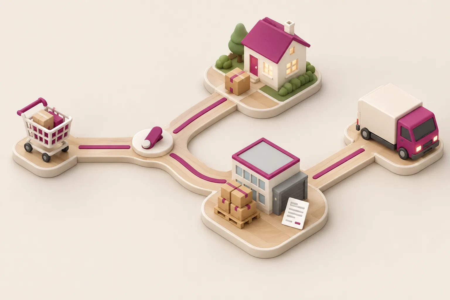 Ilustração 3D isométrica de um caminho que sai de um carrinho de compras e se divide num interruptor em dois: um leva a uma casa com uma caixa e outro a um prédio comercial com caixas num palete e uma nota, e os dois voltam a se encontrar num caminhão de entrega.