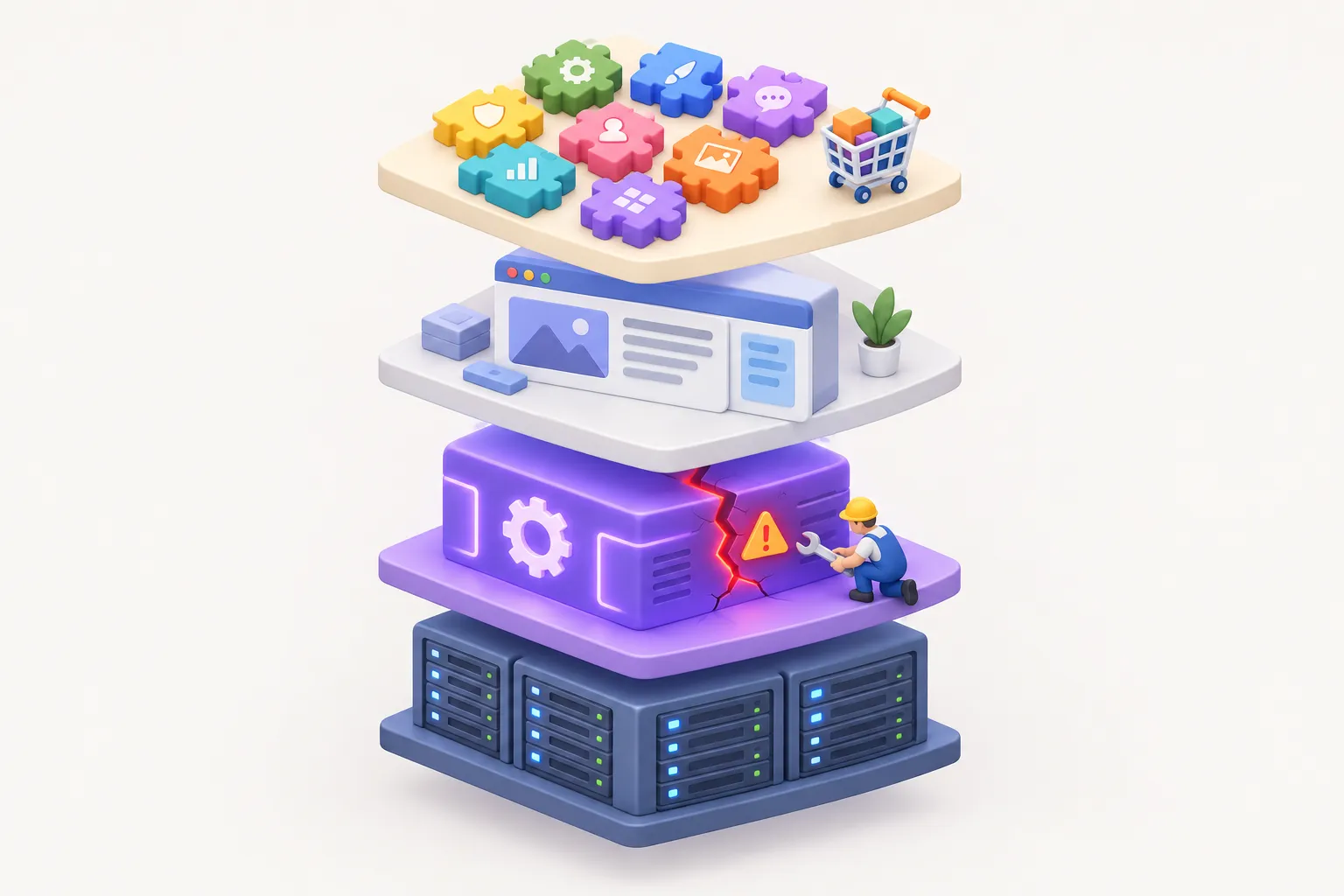 Ilustração 3D isométrica de uma pilha de quatro camadas: na base, servidores; logo acima, um bloco violeta com uma rachadura vermelha e um sinal de alerta sendo consertado por um técnico com chave inglesa; acima, o bloco do site; no topo, peças de quebra-cabeça coloridas que representam os plugins e um carrinho de compras, todas intactas.