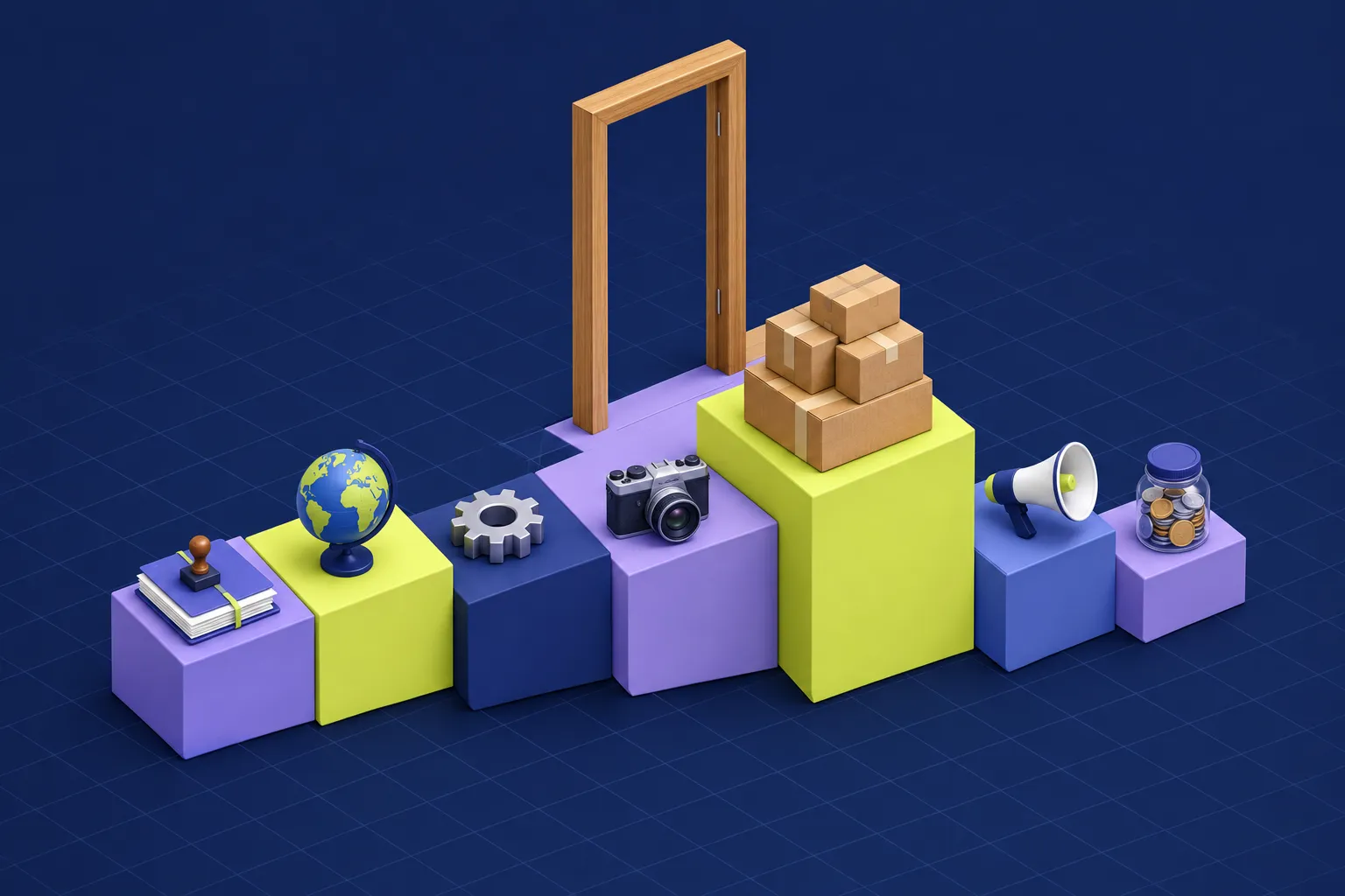 Ilustração 3D isométrica de sete blocos coloridos formando um alicerce sobre fundo azul-marinho, cada um com um objeto em cima: documentos com carimbo, globo, engrenagem, câmera, pilha de caixas de papelão no bloco maior, megafone e pote de moedas, com a moldura de uma porta de madeira atrás.