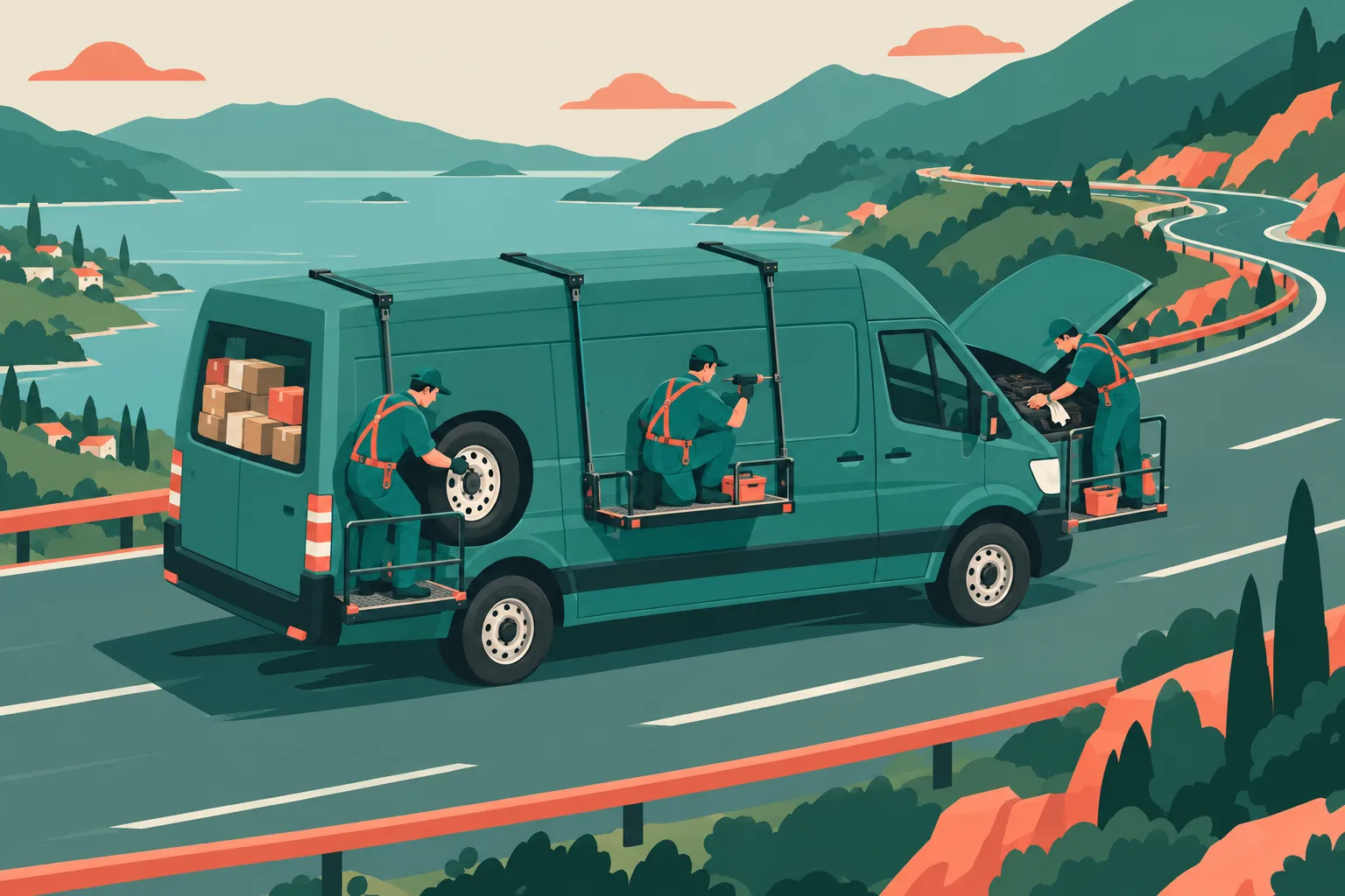 Ilustração flat de uma van de entrega verde seguindo por uma estrada entre colinas enquanto três mecânicos, em plataformas presas à lateral, trocam uma roda, apertam parafusos e revisam o motor sem que ela pare.