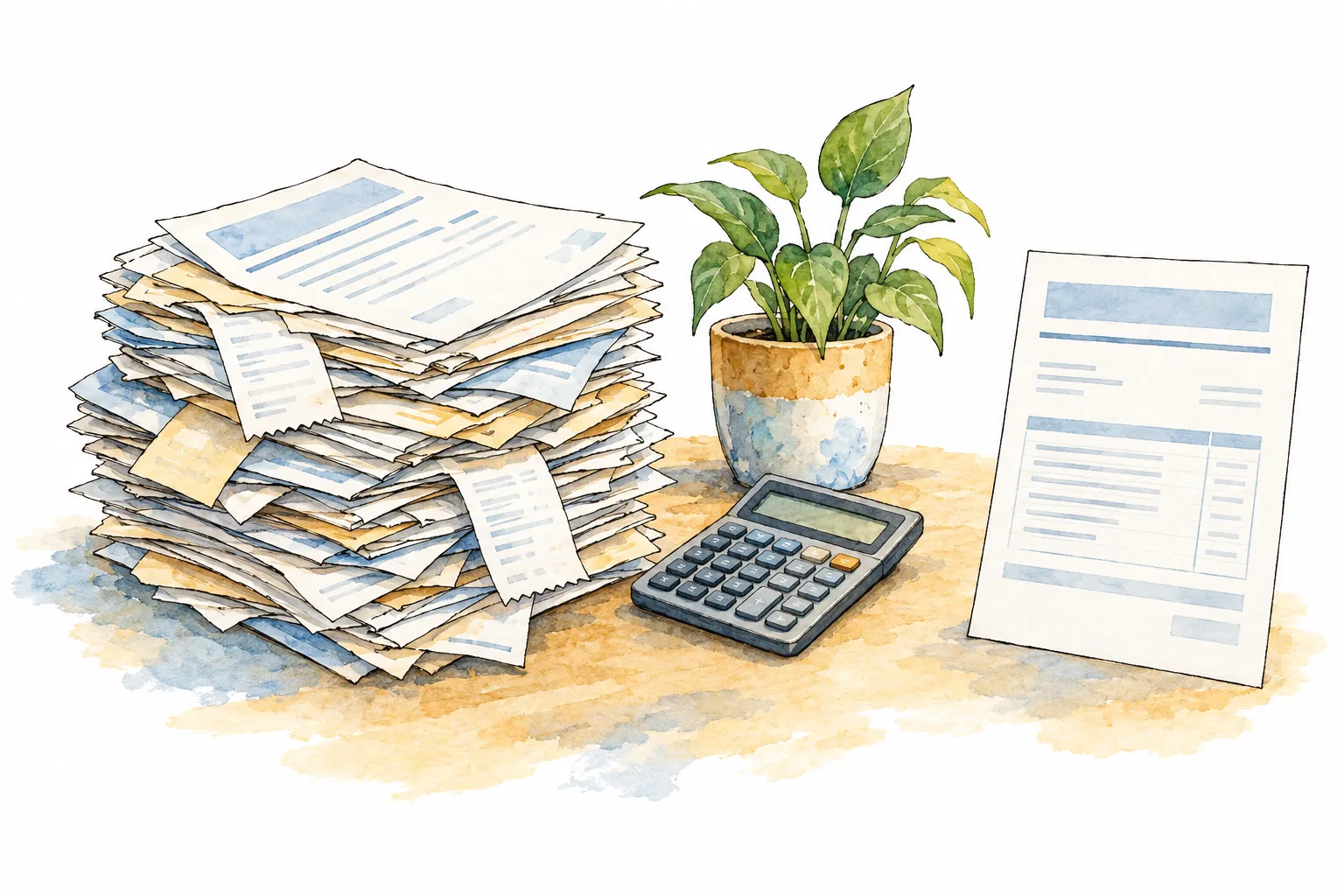 Ilustração em aquarela de uma pilha alta de faturas e recibos de tamanhos diferentes sobre a mesa, ao lado de uma calculadora e de um vaso de planta, com uma única fatura organizada separada à direita.