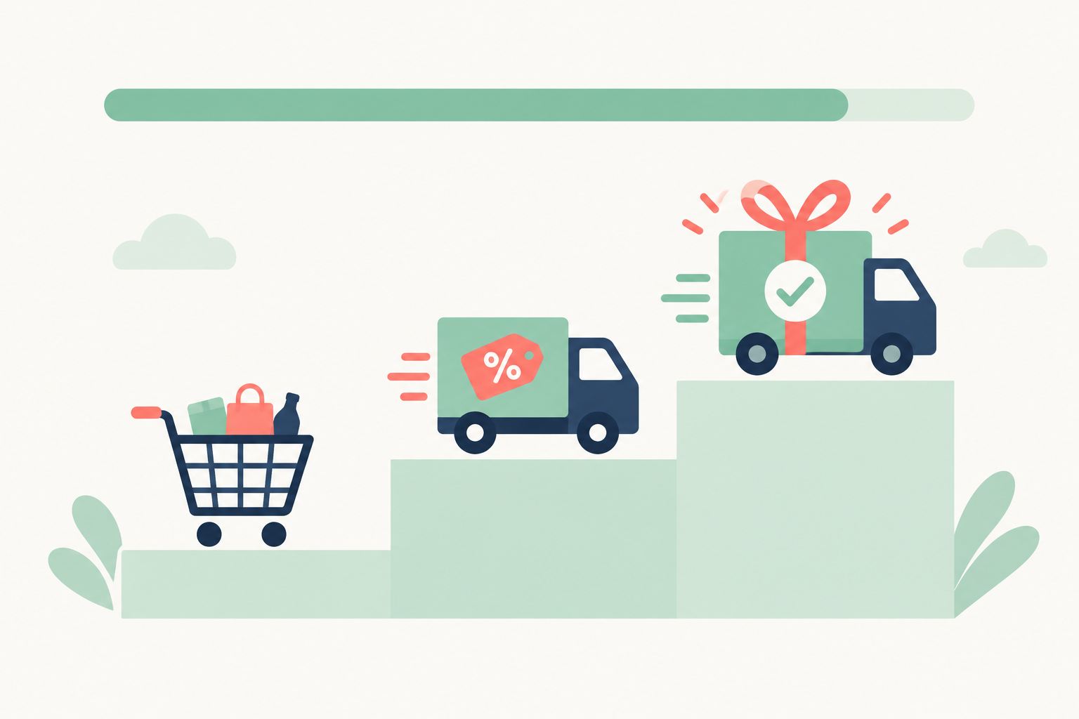 Ilustração de uma escada de três degraus: carrinho de compras no primeiro, caminhão com etiqueta de desconto no segundo e caminhão com presente e sinal de confirmado no topo, sob uma barra de progresso.