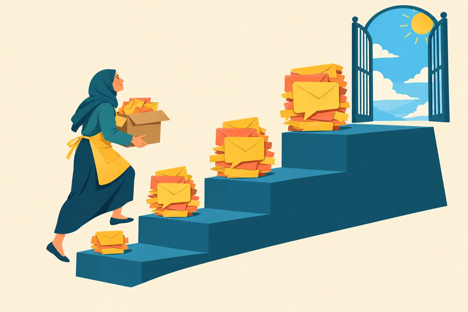 Ilustração de uma mulher de hijab e avental subindo uma escada de quatro degraus com uma caixa cheia de envelopes, ao lado de pilhas de envelopes em forma de balão de conversa que crescem a cada degrau, até um portão aberto para o céu