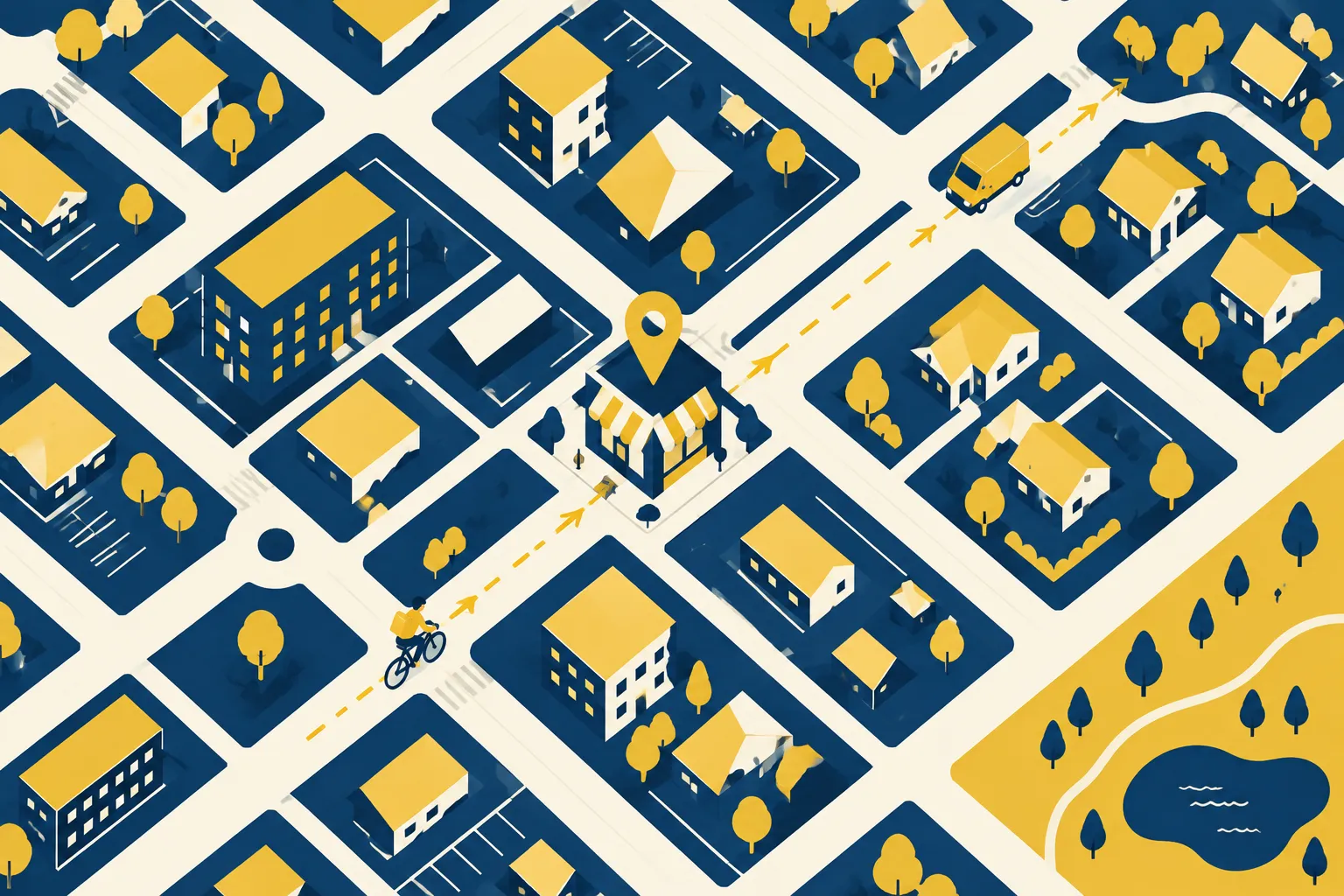 Mapa ilustrado de um bairro visto de cima, com um pino marcando a loja no centro, uma pessoa de bicicleta chegando à loja por uma rua e uma van de entrega seguindo por outra até casas mais distantes