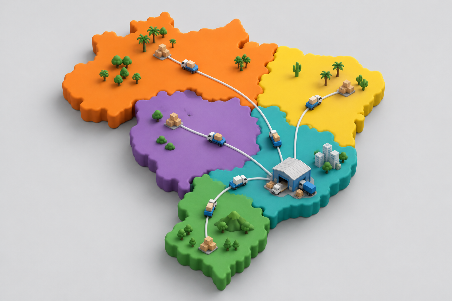 Mapa estilizado do Brasil em 3D dividido em cinco regiões coloridas, com caminhões saindo de um centro de distribuição no Sudeste para rotas de distâncias diferentes.