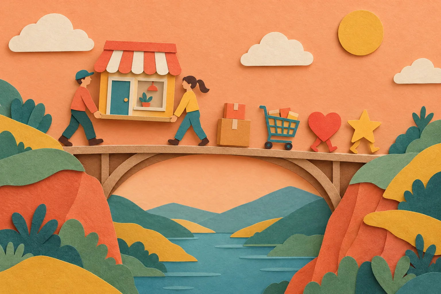 Ilustração em papel recortado de duas pessoas carregando uma pequena loja com toldo por uma ponte entre duas colinas, seguidas por caixas, um carrinho de compras, um coração e uma estrela.
