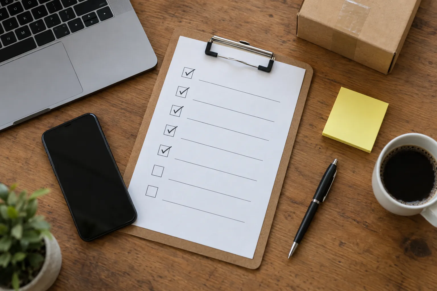 Fotografia de uma mesa de trabalho vista de cima com uma prancheta e uma lista de verificação com itens marcados, um notebook, um celular, uma caneta, um bloco de notas amarelo e uma xícara de café.