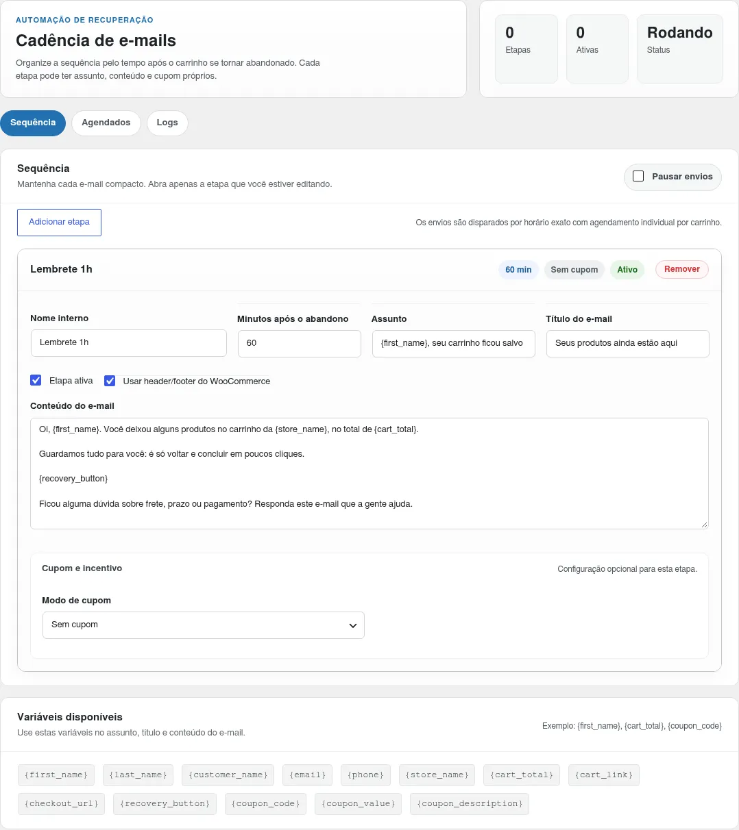 Tela Carrinhos Rishi, aba E-mails, com uma etapa de lembrete configurada para 60 minutos após o abandono, assunto, título, conteúdo com variáveis e modo de cupom