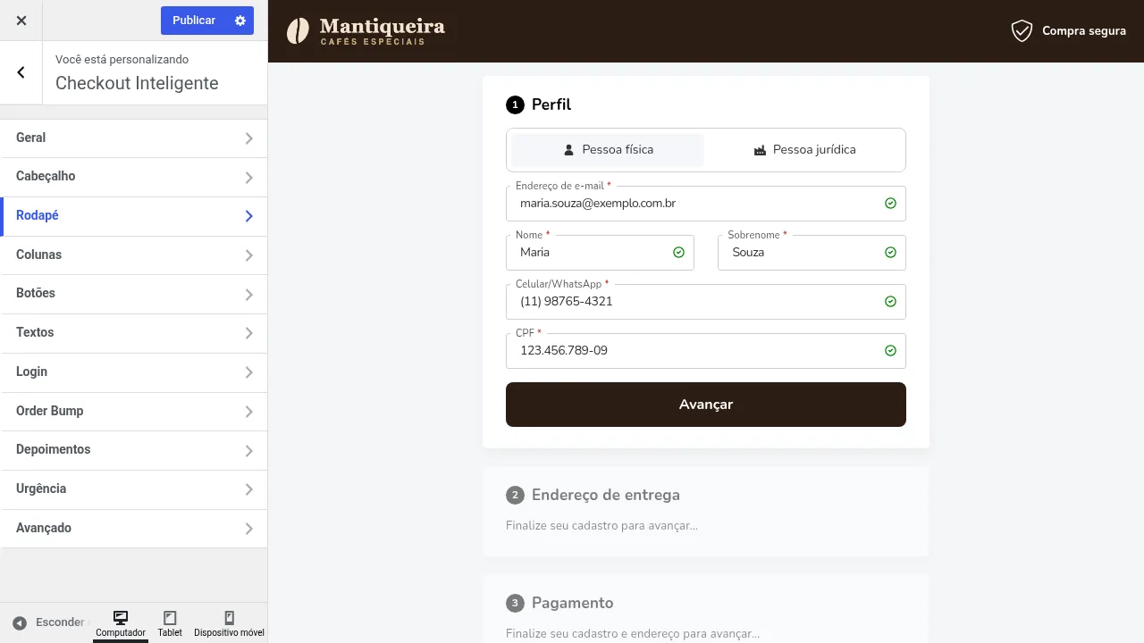 Tela do Personalizador do WordPress com a lista de seções do Checkout Rishi à esquerda (Geral, Cabeçalho, Rodapé, Colunas, Botões, Textos, Login, Order Bump, Depoimentos, Urgência e Avançado) e, à direita, a prévia ao vivo do checkout de uma loja de cafés com a etapa Perfil preenchida com dados de exemplo