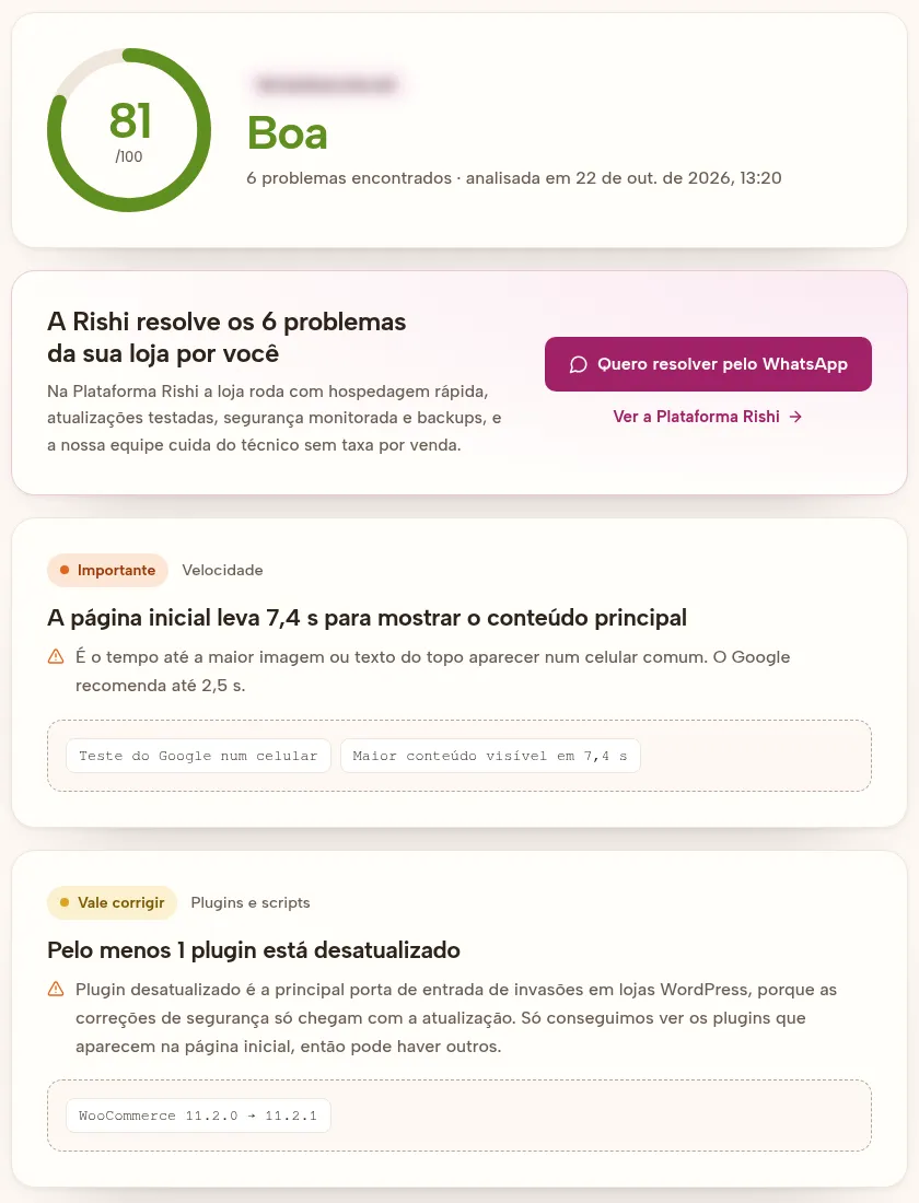 Resultado real do diagnóstico WooCommerce da Rishi: nota 81 de 100, LCP de 7,4 s no celular e um plugin desatualizado, com o endereço da loja ocultado