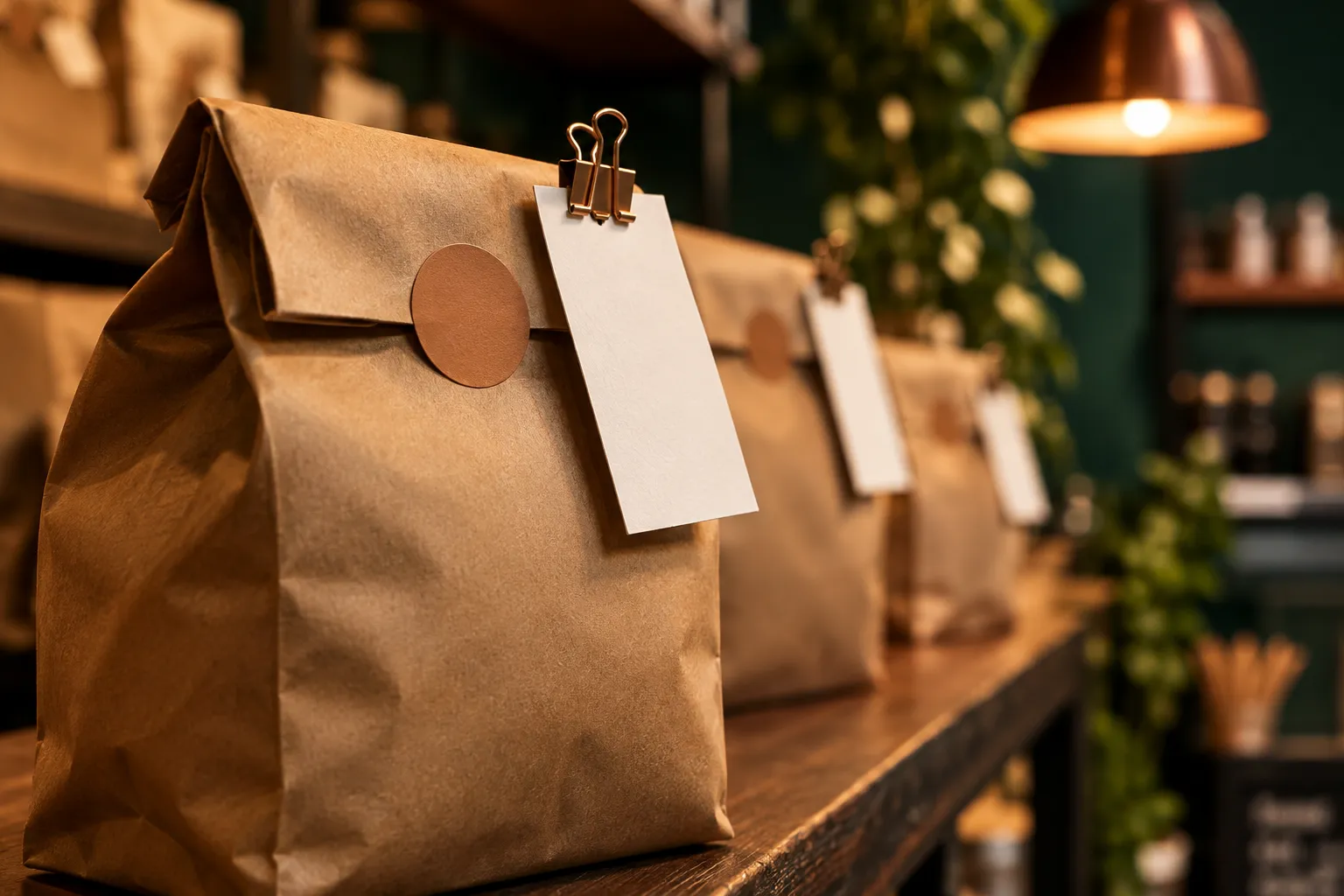 Close de sacolas de papel kraft fechadas com adesivo e etiquetas presas por clipes, enfileiradas numa prateleira de madeira de retirada de pedidos numa loja de cafés