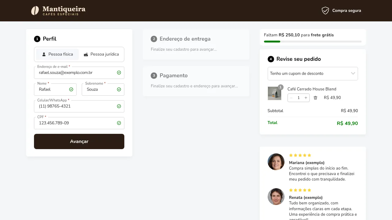 Checkout Rishi em uma loja de testes com o botão Pessoa física selecionado, mostrando apenas e-mail, nome, sobrenome, celular e CPF, com o botão Pessoa jurídica ao lado.