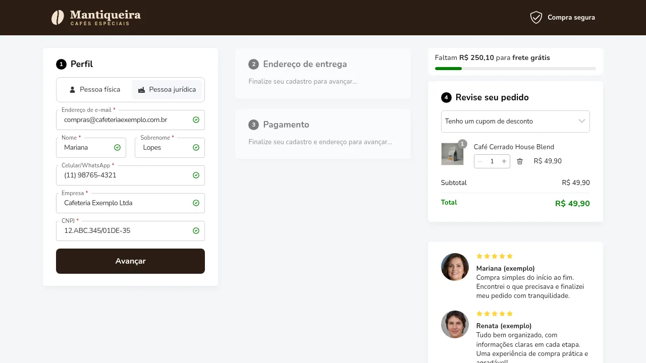 Checkout Rishi em uma loja de testes com a opção Pessoa jurídica selecionada e os campos empresa e CNPJ preenchidos com um CNPJ alfanumérico validado.