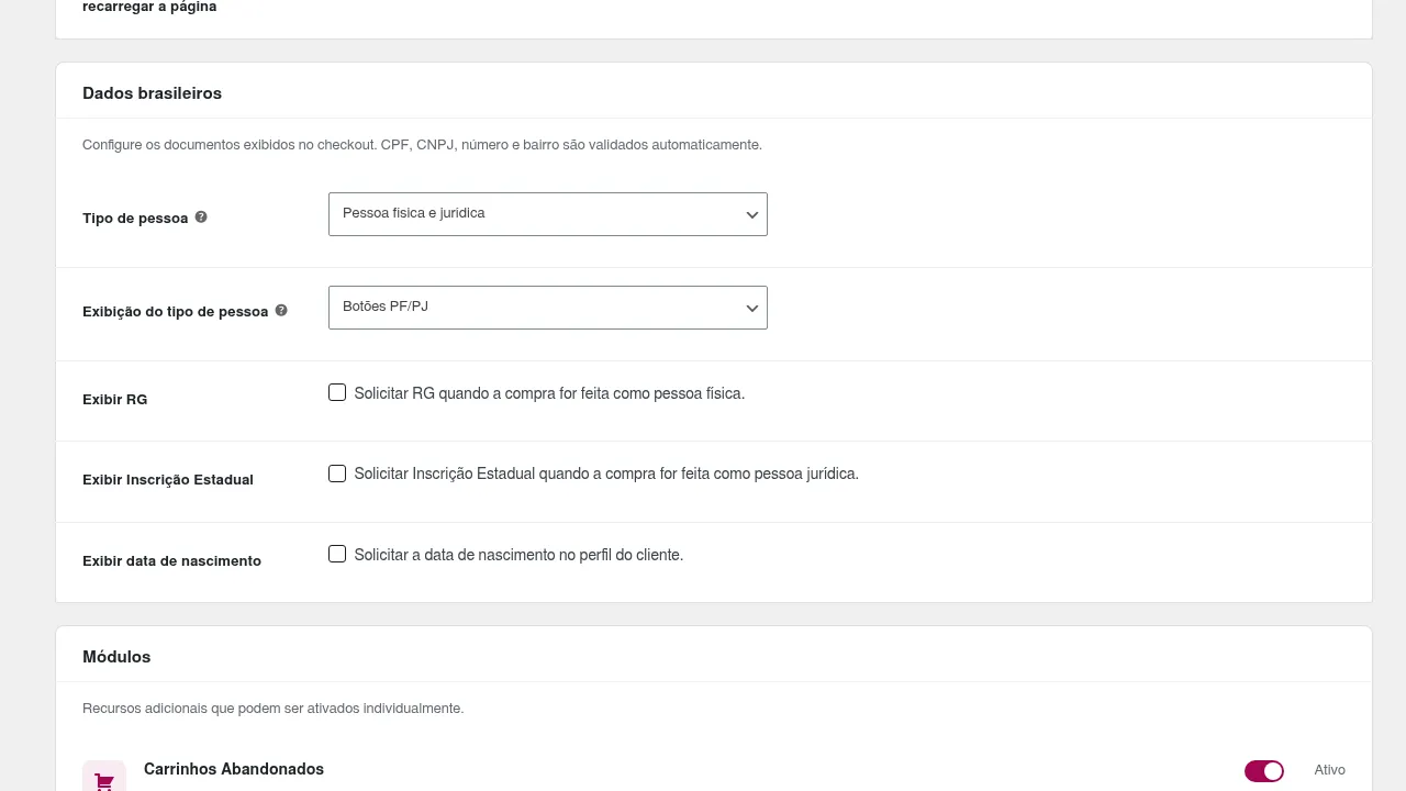 Seção Dados brasileiros nas configurações do Checkout Rishi, com as opções Tipo de pessoa, Exibição do tipo de pessoa em botões PF/PJ, Exibir RG, Exibir Inscrição Estadual e Exibir data de nascimento.