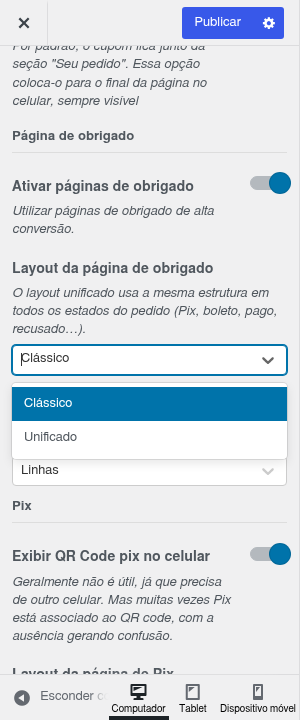 Tela do Personalizador do WordPress na seção Página de obrigado do Checkout Rishi, com a opção Layout da página de obrigado aberta mostrando as escolhas Clássico e Unificado