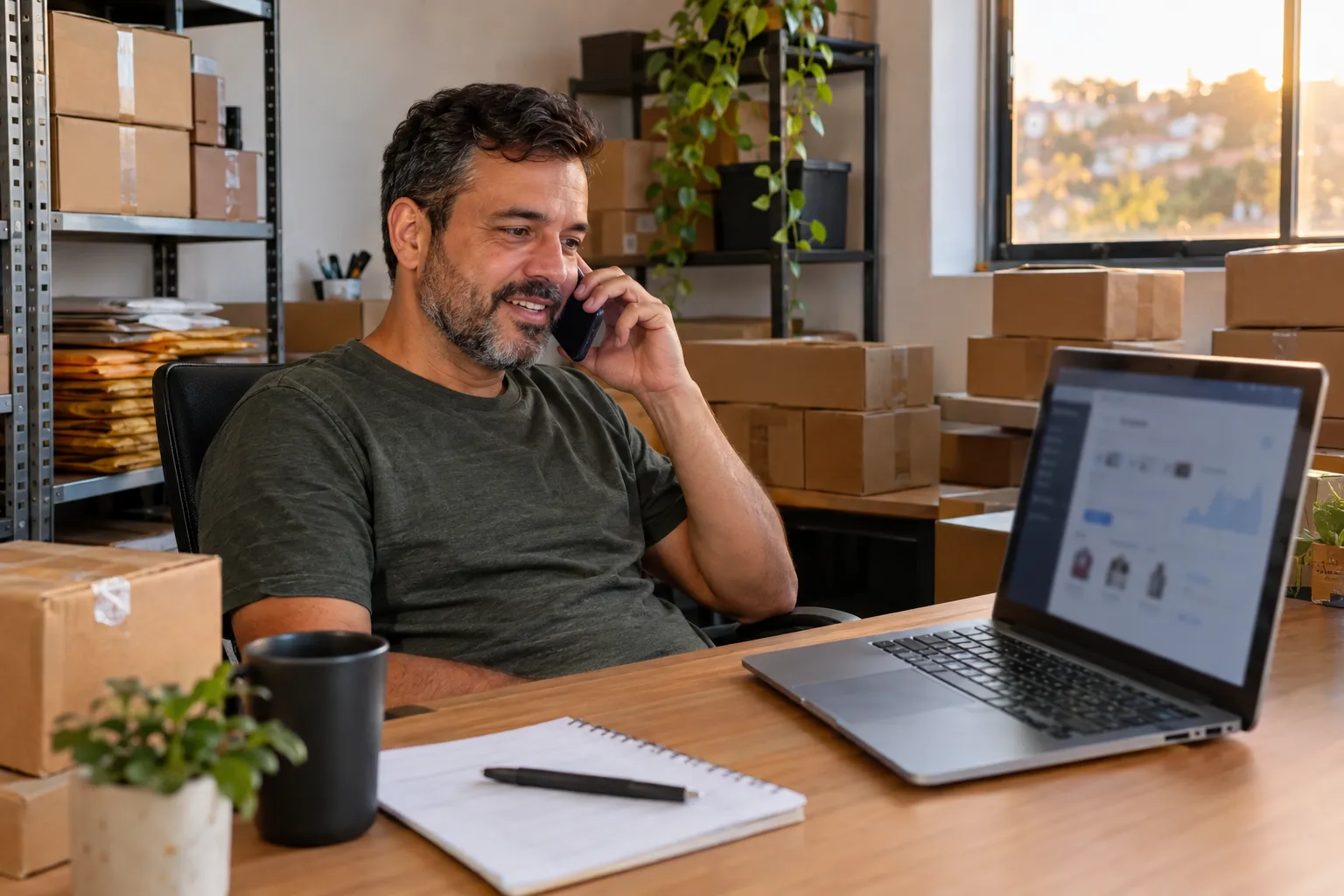 Lojista sorrindo ao telefone no escritório do estoque da loja virtual, com caixas de envio nas prateleiras e um notebook aberto no painel da loja.